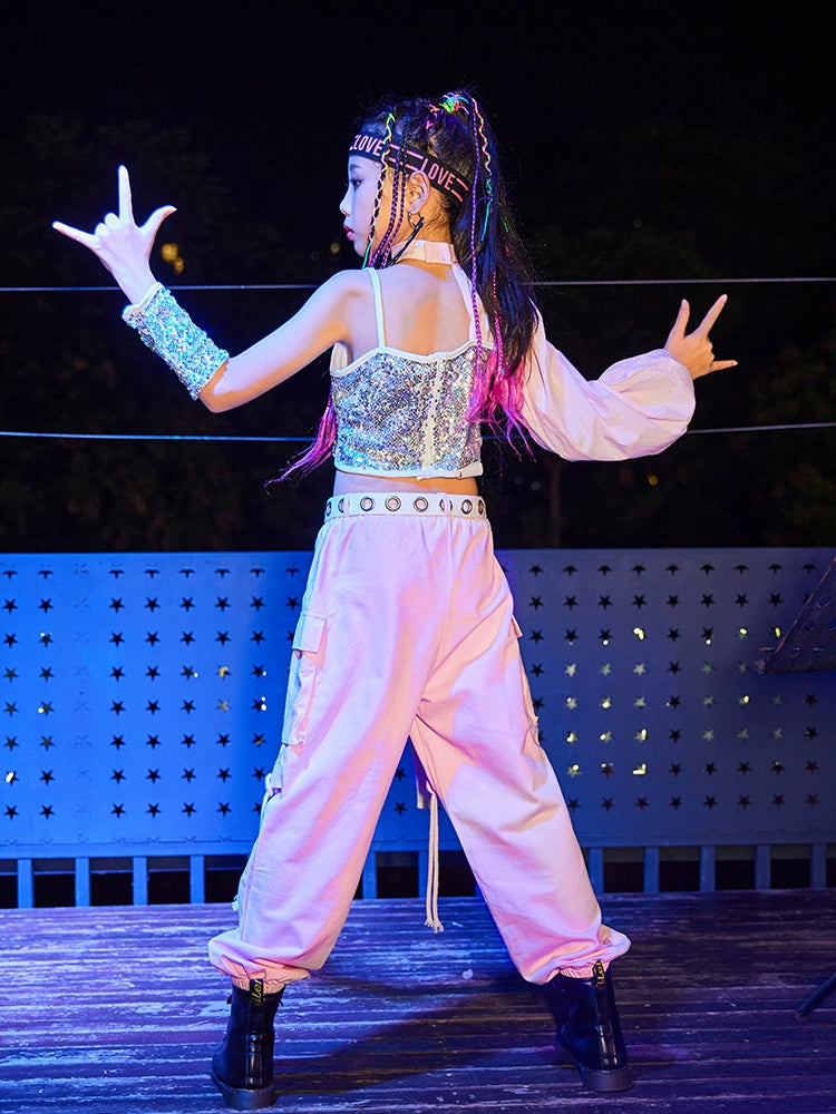 Children's pink sequined jazz street hip hop dance costumes glitter rapper singer model show trend performance clothes cargo pants for girls - Moderndancedress.com