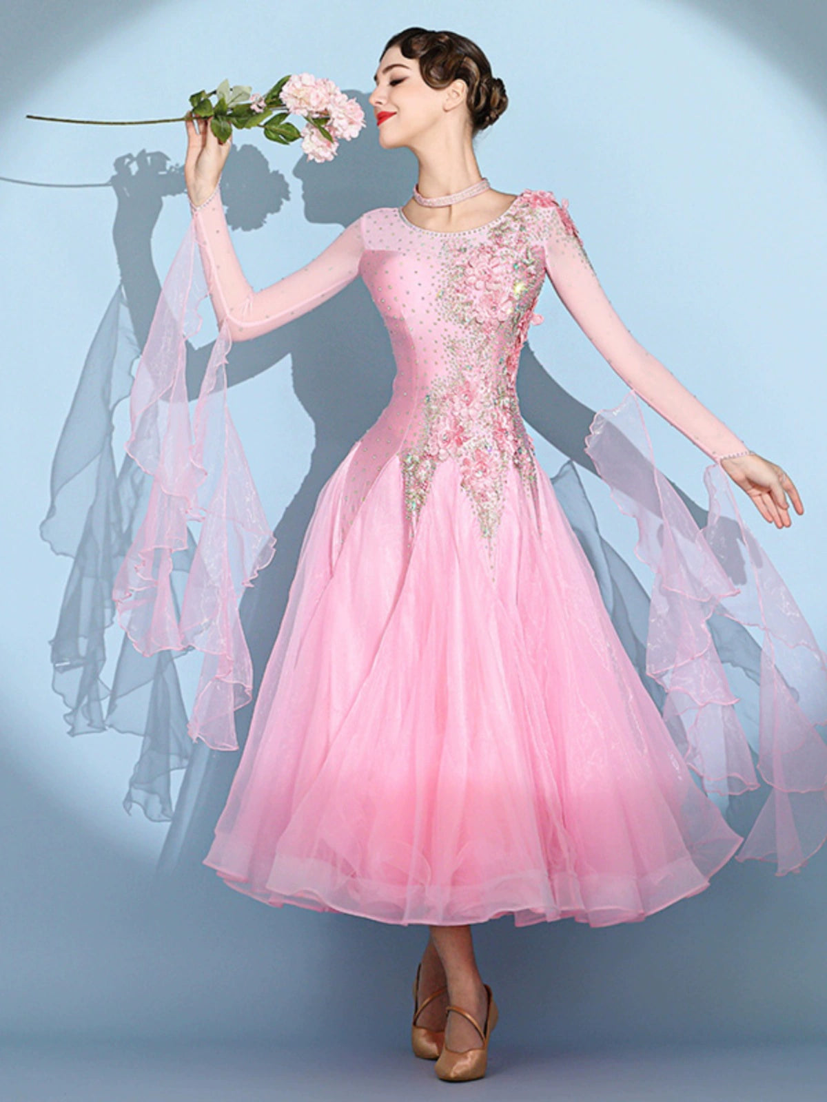 Custom size pink competition bling ballroom dance dresses for women girls kids waltz tango rhythm smooth foxtrot National standard dance long gown - Moderndancedress.com