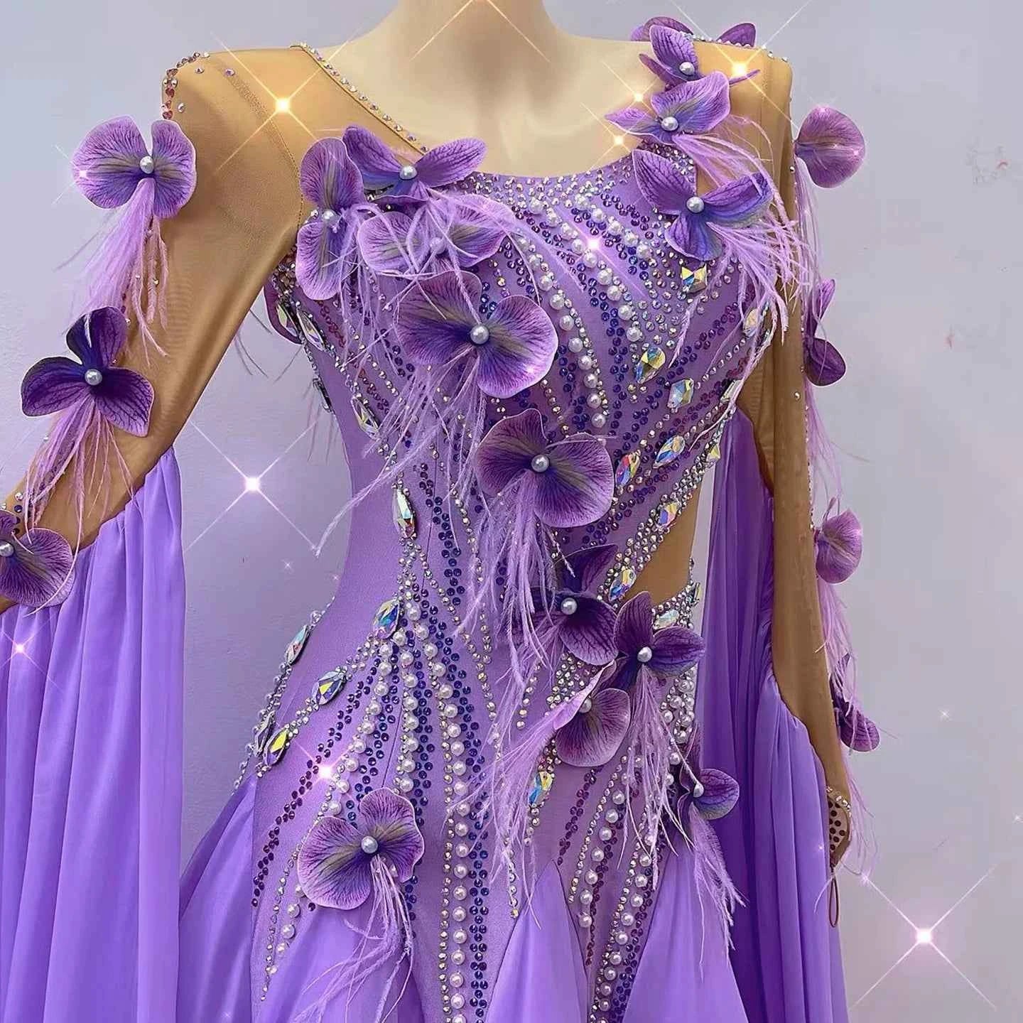 Custom Size Purple 3D Flowers Ballroom Dance Dress Tango Foxtrot Waltz Performance Gown