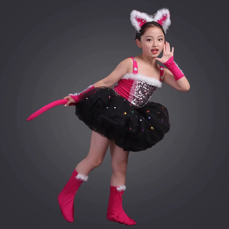Toddler Pink Black Cat Jazz Dance Costumes for Girls Boys Modern Anime Cartoon Halloween Party Dress Up Cosplay Dancing Dance Costume - Moderndancedress.com