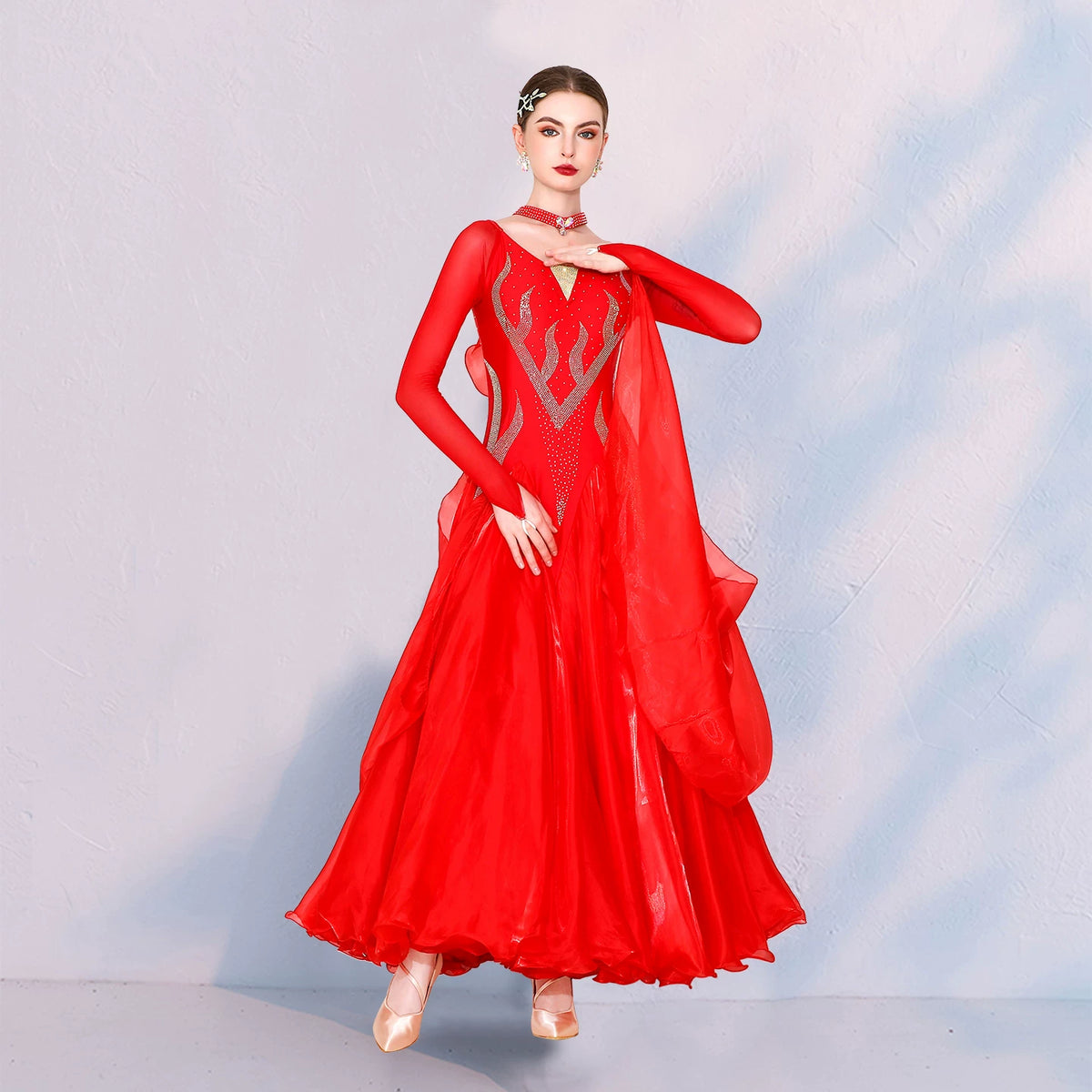 Women Dark Green Ballroom Dance Dress - Silver Rhinestone Waltz Foxtrot Gown