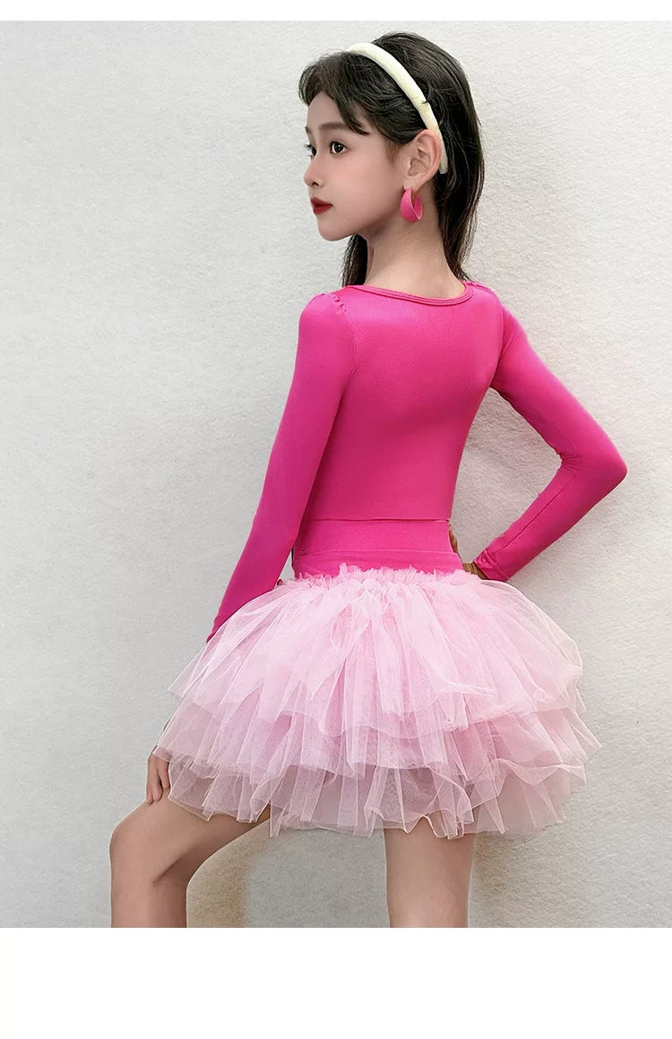Girls Pink Latin Dance Dress | Hot Pink Salsa Chacha Dance Leotard Set