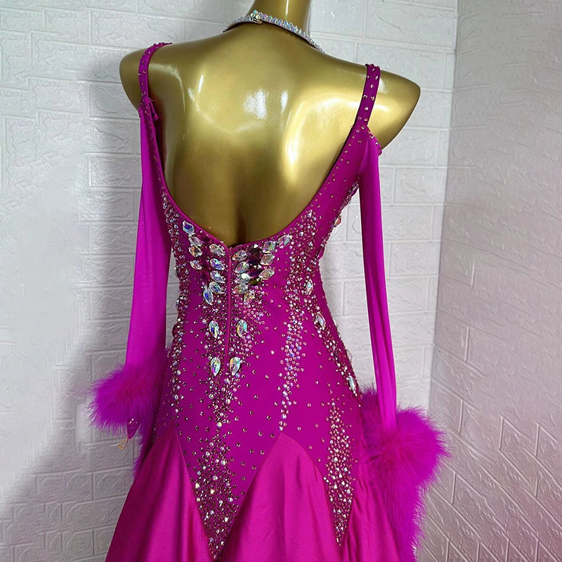 Custom Size Fuchsia Competition Ballroom Dance Dresses for Women Girls Rabbit Fur Floating Waltz Tango Dance Long Gown