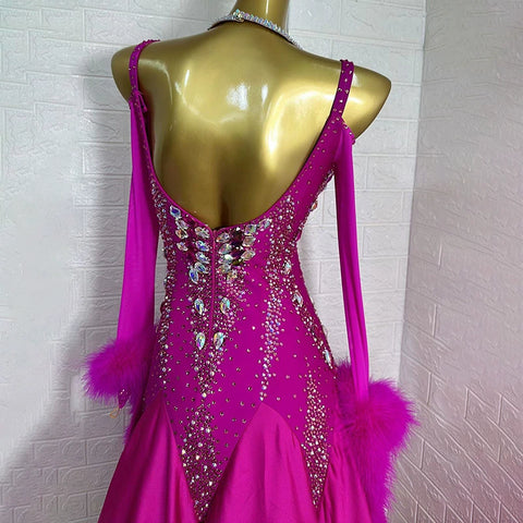 Custom Size Fuchsia Competition Ballroom Dance Dresses for Women Girls Rabbit Fur Floating Waltz Tango Dance Long Gown