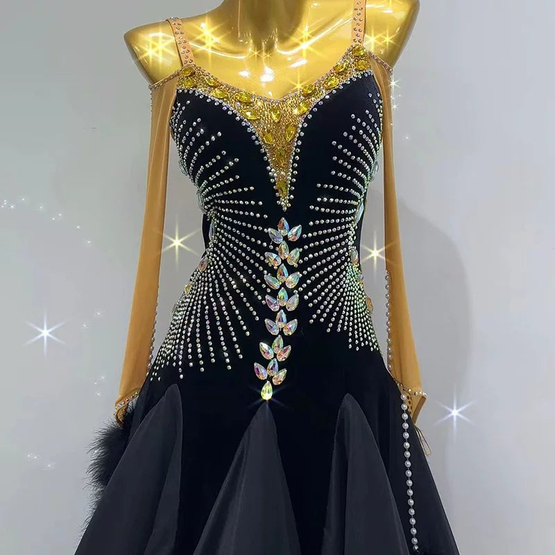 Customized Black Velvet Gold Stones Competition Ballroom Dance Dress Waltz Tango Rhythm Smooth Dance Gown