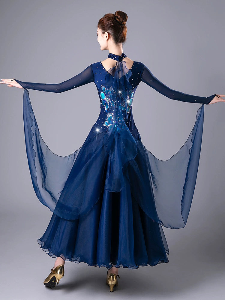 Navy Red Competition Ballroom Dance Dresses for Women Girls Diamond Waltz Tango Foxtrot Rhythm Performance Costumes - Moderndancedress.com