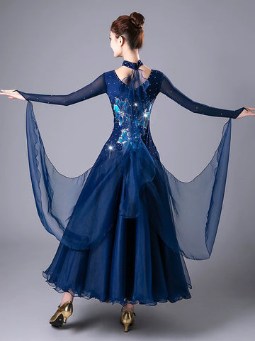 Navy Red Competition Ballroom Dance Dresses for Women Girls Diamond Waltz Tango Foxtrot Rhythm Performance Costumes - Moderndancedress.com