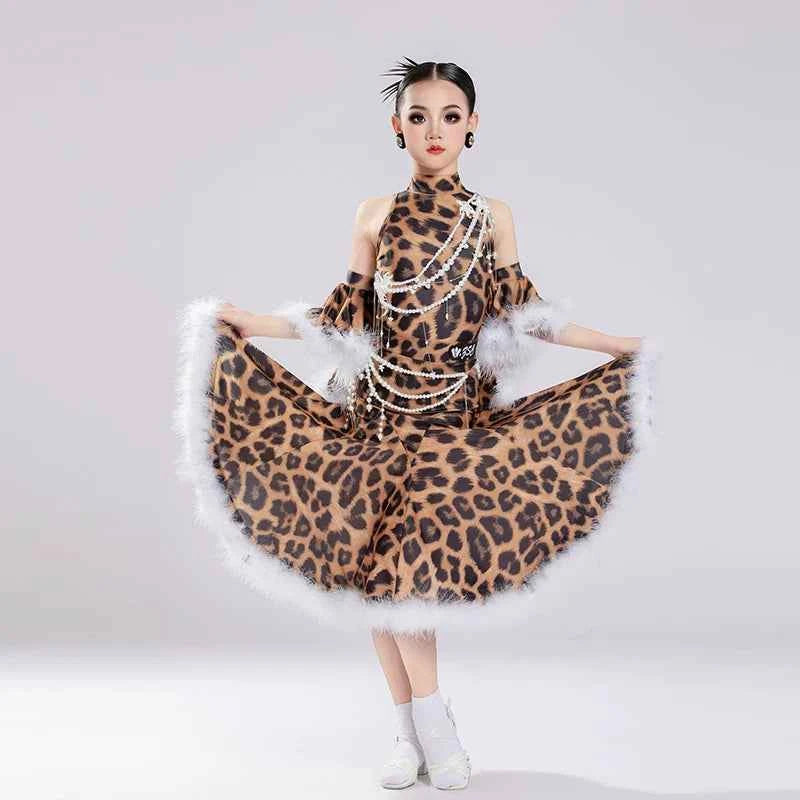 Girls Leopard with Feather Ballroom Dance Dress for Kids Children Waltz Tango Performance Gown