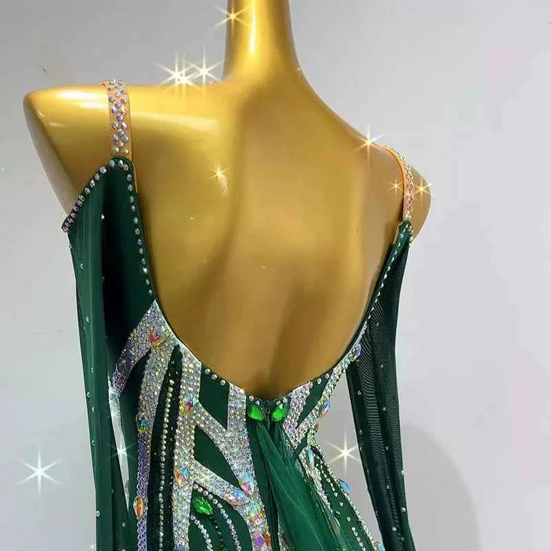 Custom Size Green Crystal Ballroom Dance Dress Tango Foxtort Rhytm Waltz Performance Costume
