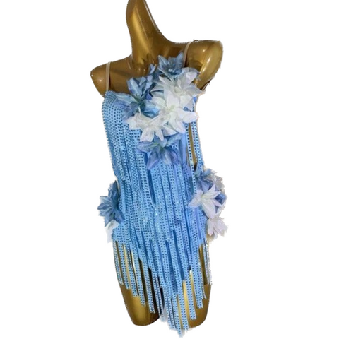 Custom Size Turquoise Blue Fringe Competition Latin Dance Dresses for Women Girls Salsa Rumba Chacha Dance Skirts