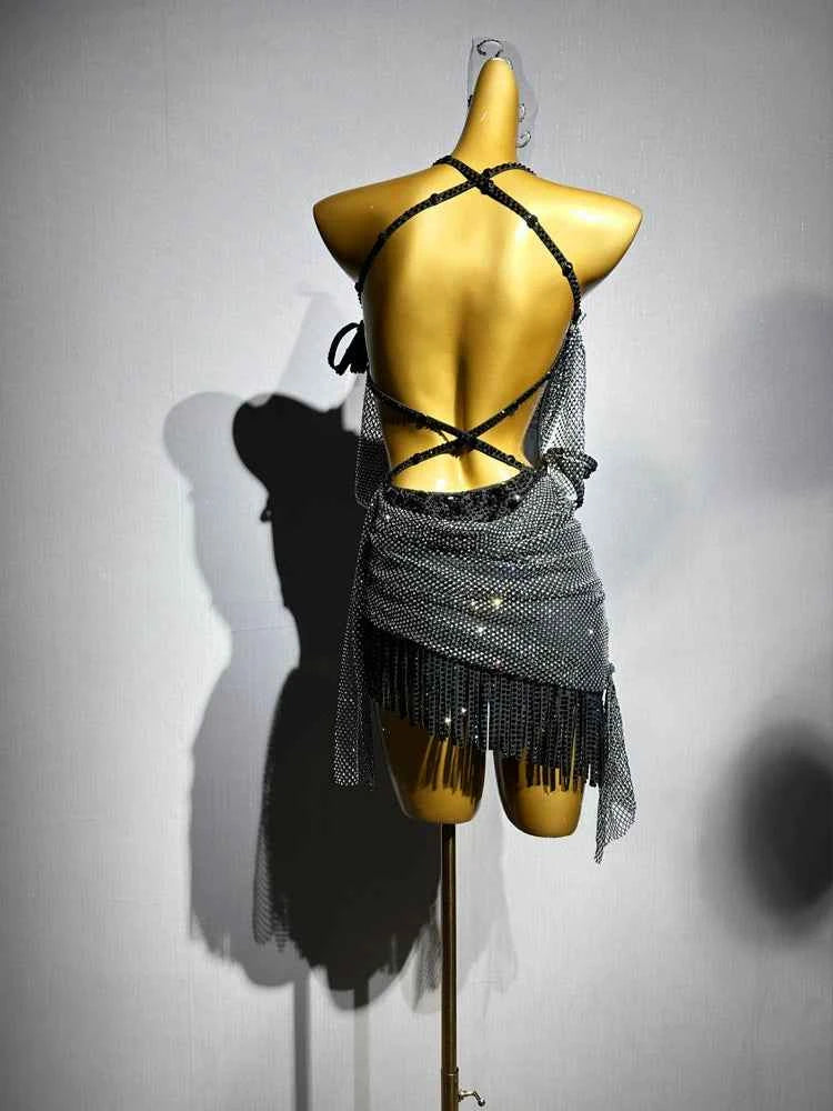 Custom Size Black Latin Dance Dresses Bling Salsa Latin Rumba Ball Comeptition Dance Costumes for Women