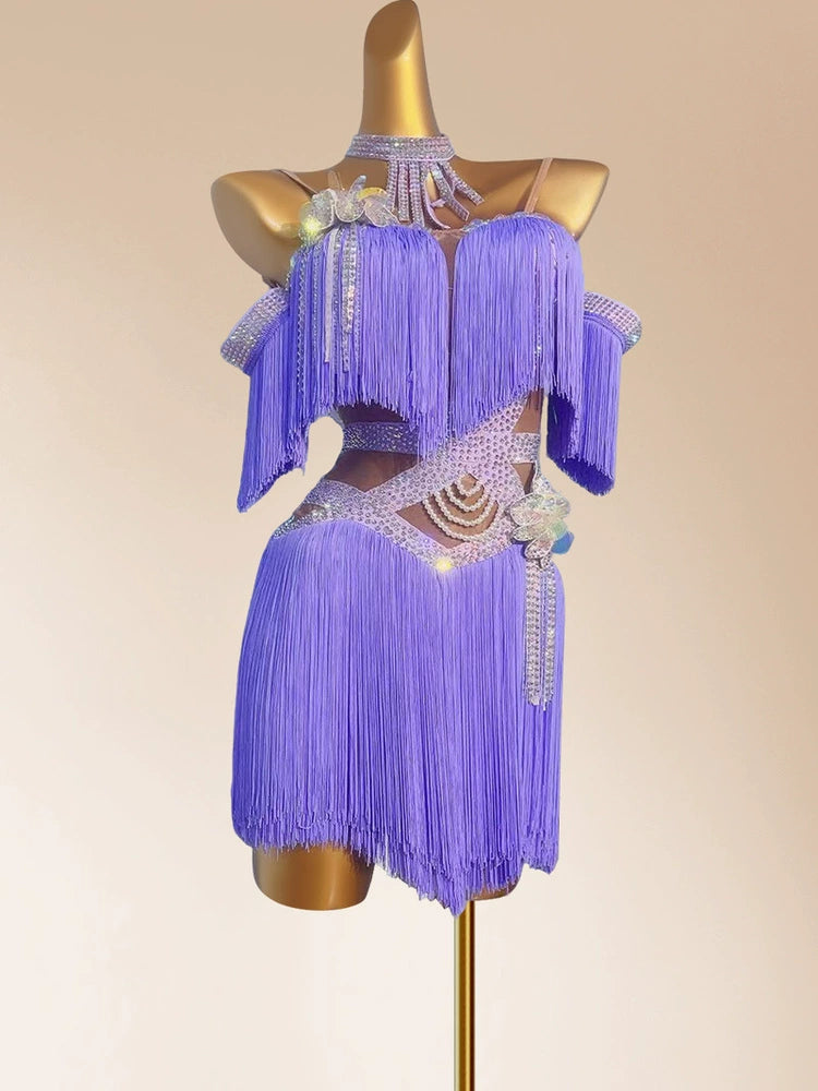 Custom Size Lavender Fringe Latin Dance Dresses Salsa Latin Chacha Professional Dance Costumes for Women Girls