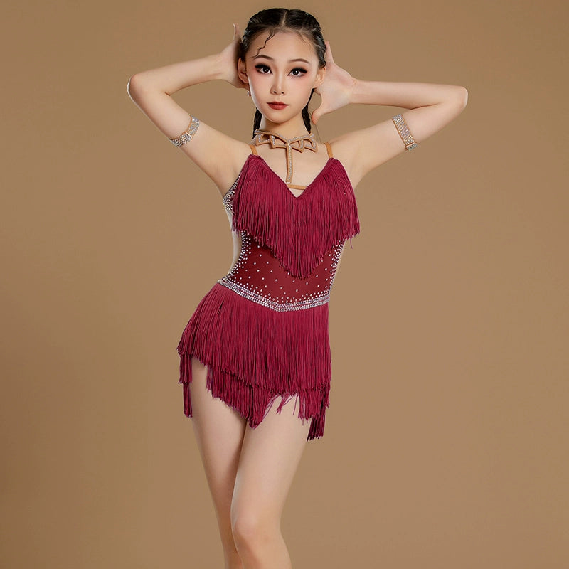 Custom Size Girls Latin Dance Dresses Wine Blue White Fringe Competition Salsa Chacha Latin Dance Costume