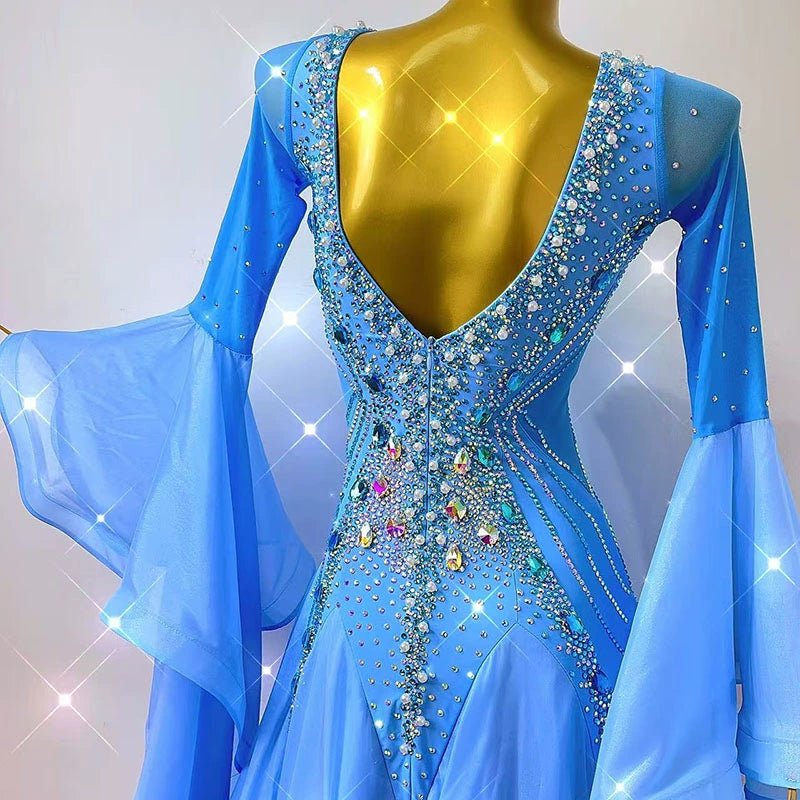 Custom Size Competition Ballroom Dance Dresses for Women Girls Blue Waltz Tango Rhythm Dance Long Swing Skirts - Moderndancedress.com