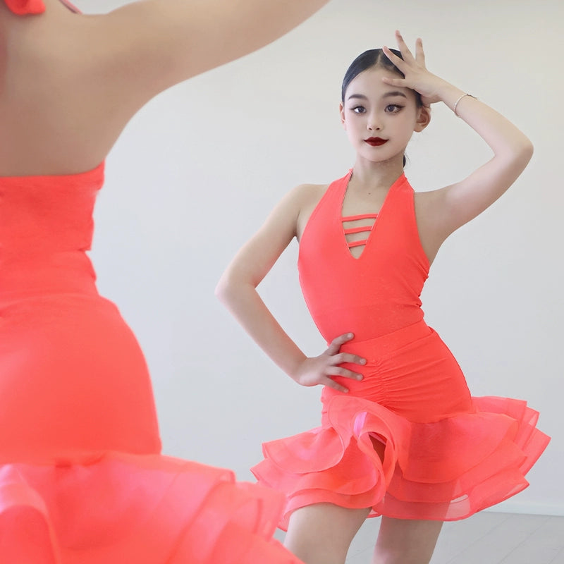 Girls Latin Dance Dresses Orange Halter Neck Ruffles Ballroom Salsa Rumba Chacha Performance Ouftis for Kids - Moderndancedress.com