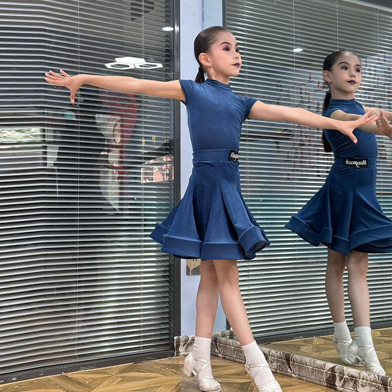 Children girls Latin dance dresses pink purple short-sleeved  ultra-thin velvet test competition ballroom latin salsa performance clothing - Moderndancedress.com