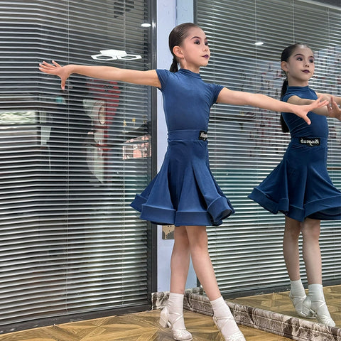 Children girls Latin dance dresses pink purple short-sleeved  ultra-thin velvet test competition ballroom latin salsa performance clothing - Moderndancedress.com