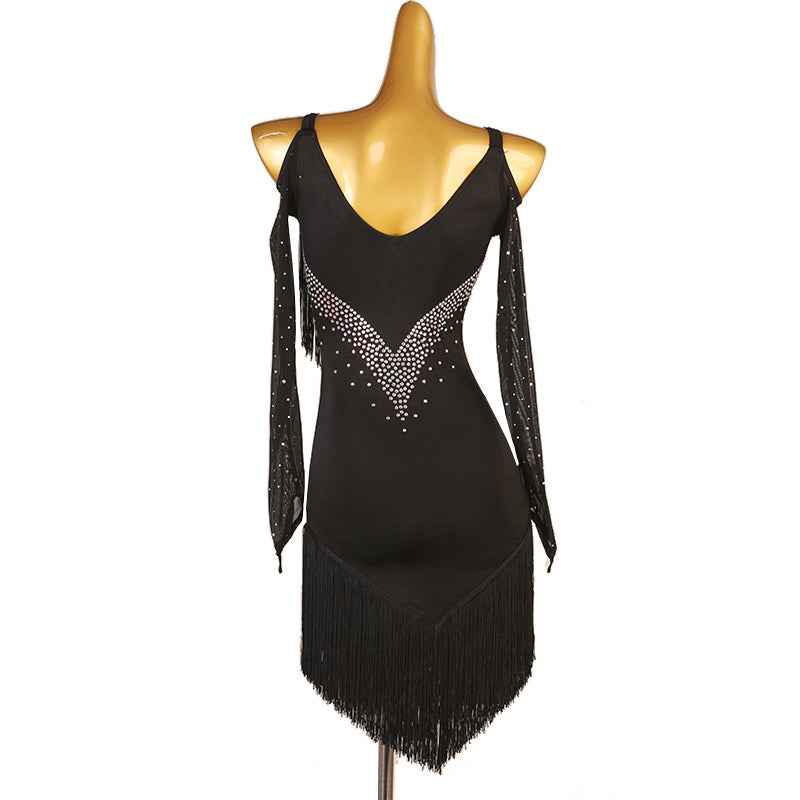 Red Black Fringe Latin Dance Dresses for Women Girls Dew Shoulder Diamond Salsa Rumba Chacha Dance Costumes - Moderndancedress.com