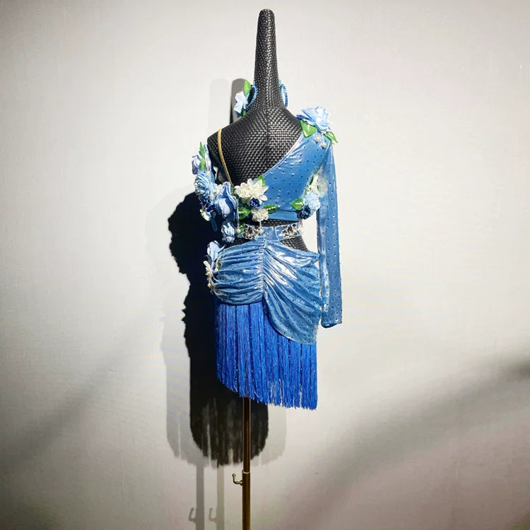 Custom 3D Flower Royal Blue Latin Dress - Luxury Crystal Fringe Ballroom Dancewear