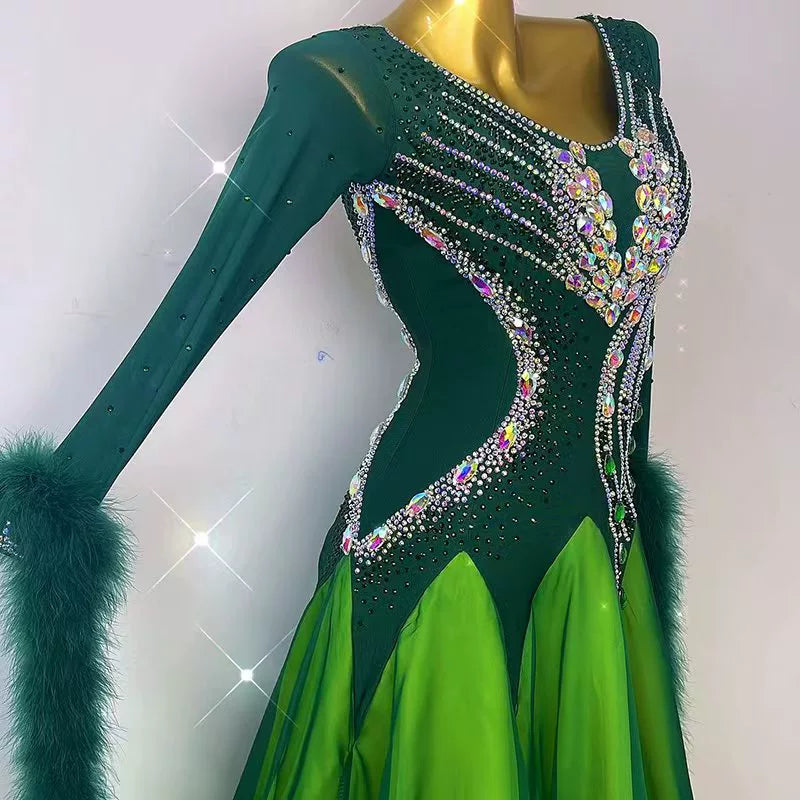 Custom Size Green Gradient Ballroom Dance Dresses for Women Girls Waltz Tango Foxtrot Smooth Dance Long Skirts - Moderndancedress.com