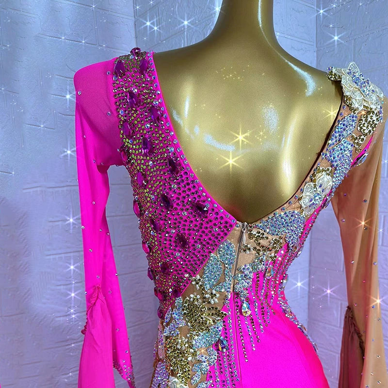 Custom Size Ballroom Dance Dresses for Women Gold Pink Waltz Tango Rhythm Dance Long Gown Long Swing Skirts