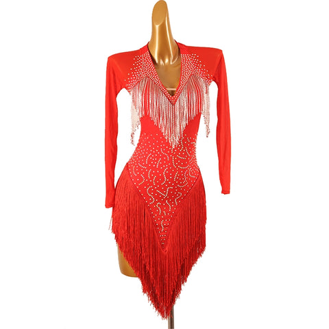 White Red Blue Fringe  Latin Dance Dress for Women Girls Purple Long Sleeves Rhinestones Competition Performance Rumba Chacha Dancing Costumes for Female - Moderndancedress.com