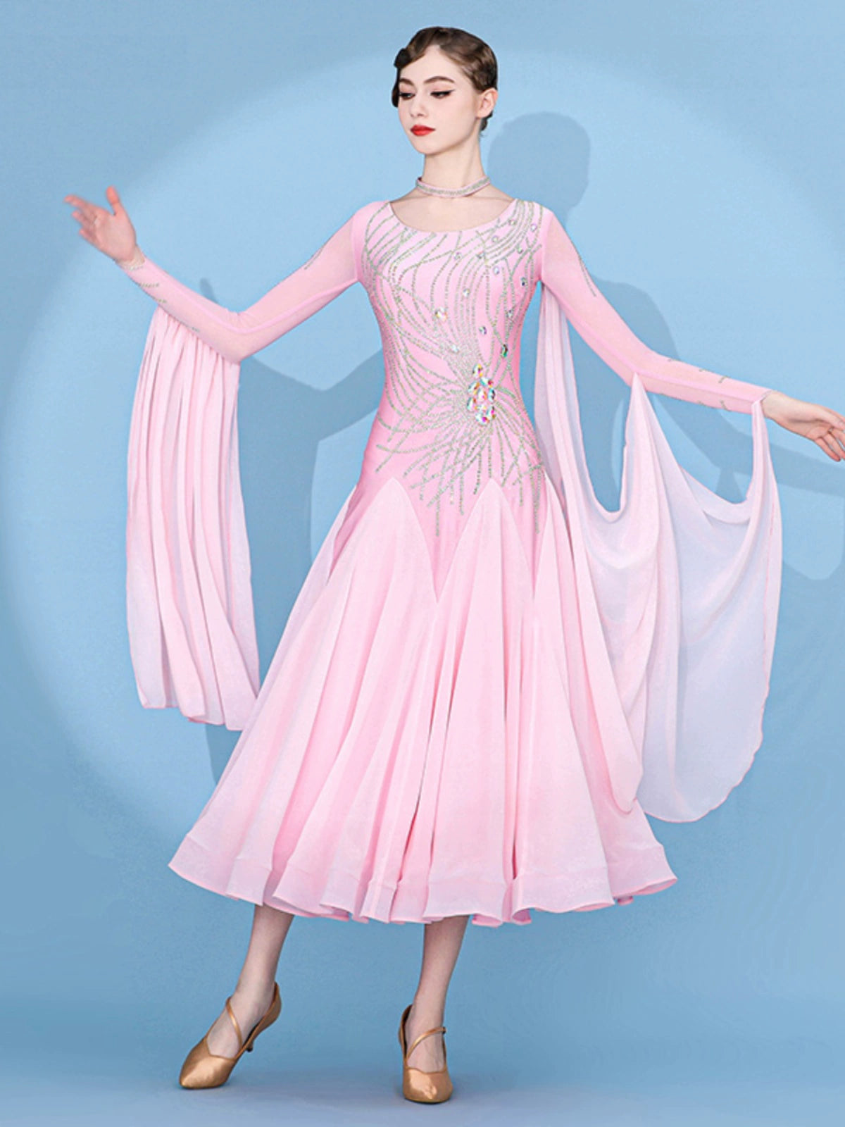 Custom size pink gemstones competition ballroom dance dresses for women girls kids Modern waltz tango foxtrot smooth rhythm performance gown - Moderndancedress.com