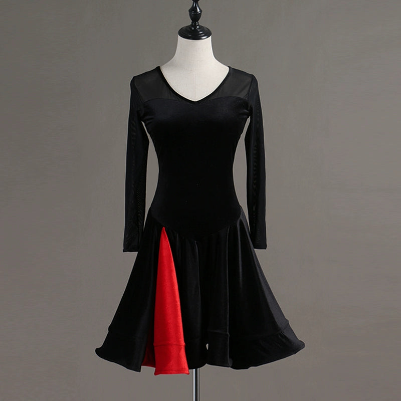 Latin Dance Dresses Women's Performance Spandex Georgette Appliques Crystals / Rhinestones Long Sleeves High Dress - Moderndancedress.com