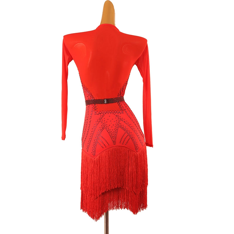 Red Fringe Competition Latin Dance Dresses for Women Girls Crystal Long Sleeves Salsa Rumba Chacha Professional Salsa Rumba Dancing Costumes
