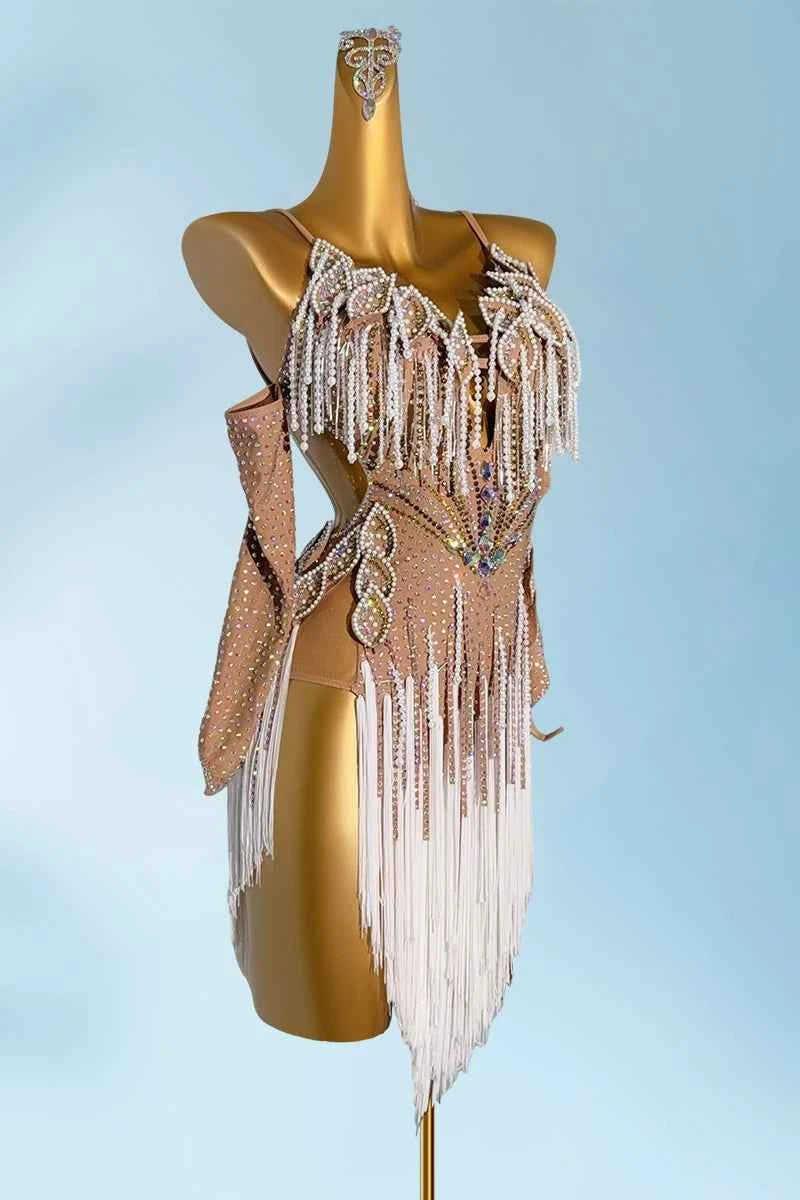Custom size flesh with white competition latin dance dresses petals salsa rumba chacha blackpool dance clothes