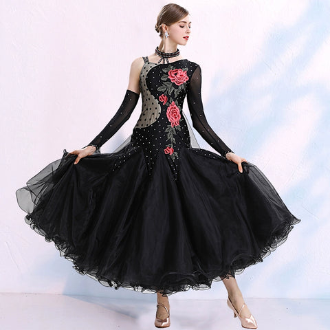 One Shoulder Black Ballroom Dance Dresses for Women Girls Rose Flowers Adult Female National Standard Social Dance Waltz Tango Performance Gown - Moderndancedress.com