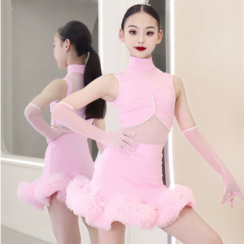 Girls Latin Dance Dresses Kids Pink Black Ruffles Salsa Rumba Ballroom Performance Costumes - Moderndancedress.com