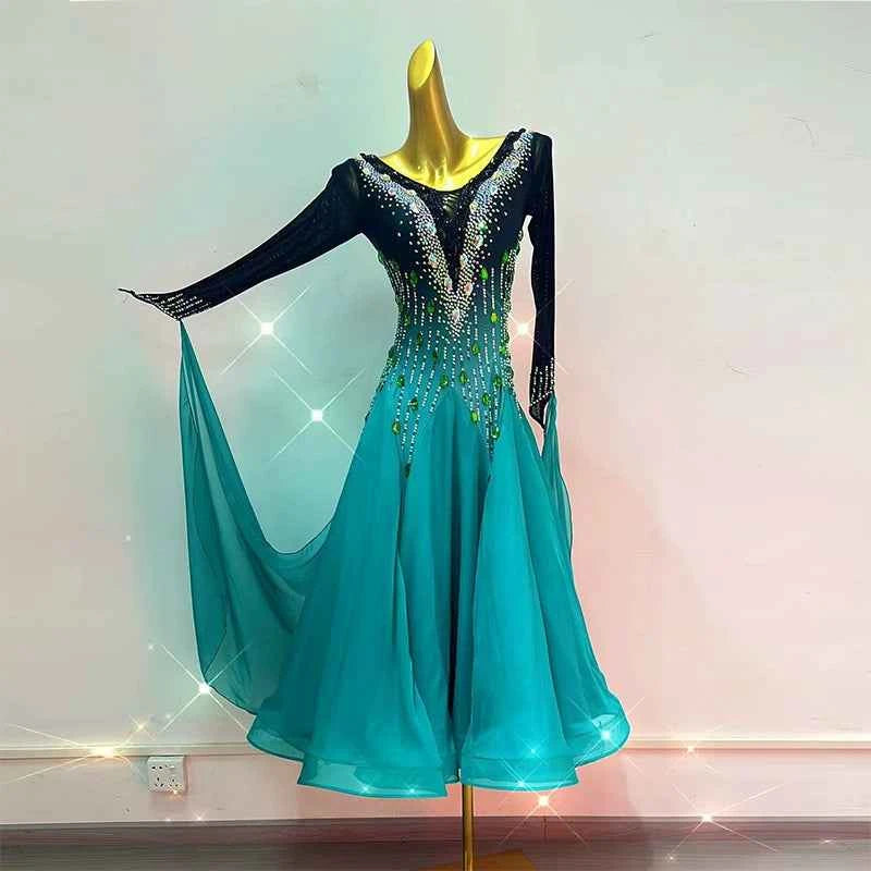 Custom Size Women's Ballroom Dance Dress Blue Green Gradient Smooth Waltz Long Gown