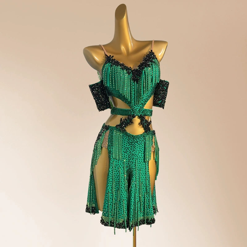 Custom Size Green Fringe Competition Latin Dance Dresses for Women Salsa Rumba Chacha Blackpool Dance Wear - Moderndancedress.com