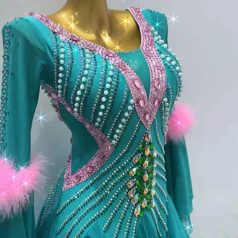 Customized Size Turquoise Pink Ballroom Dance Dresses Waltz Tango Smooth Dance Long Gown