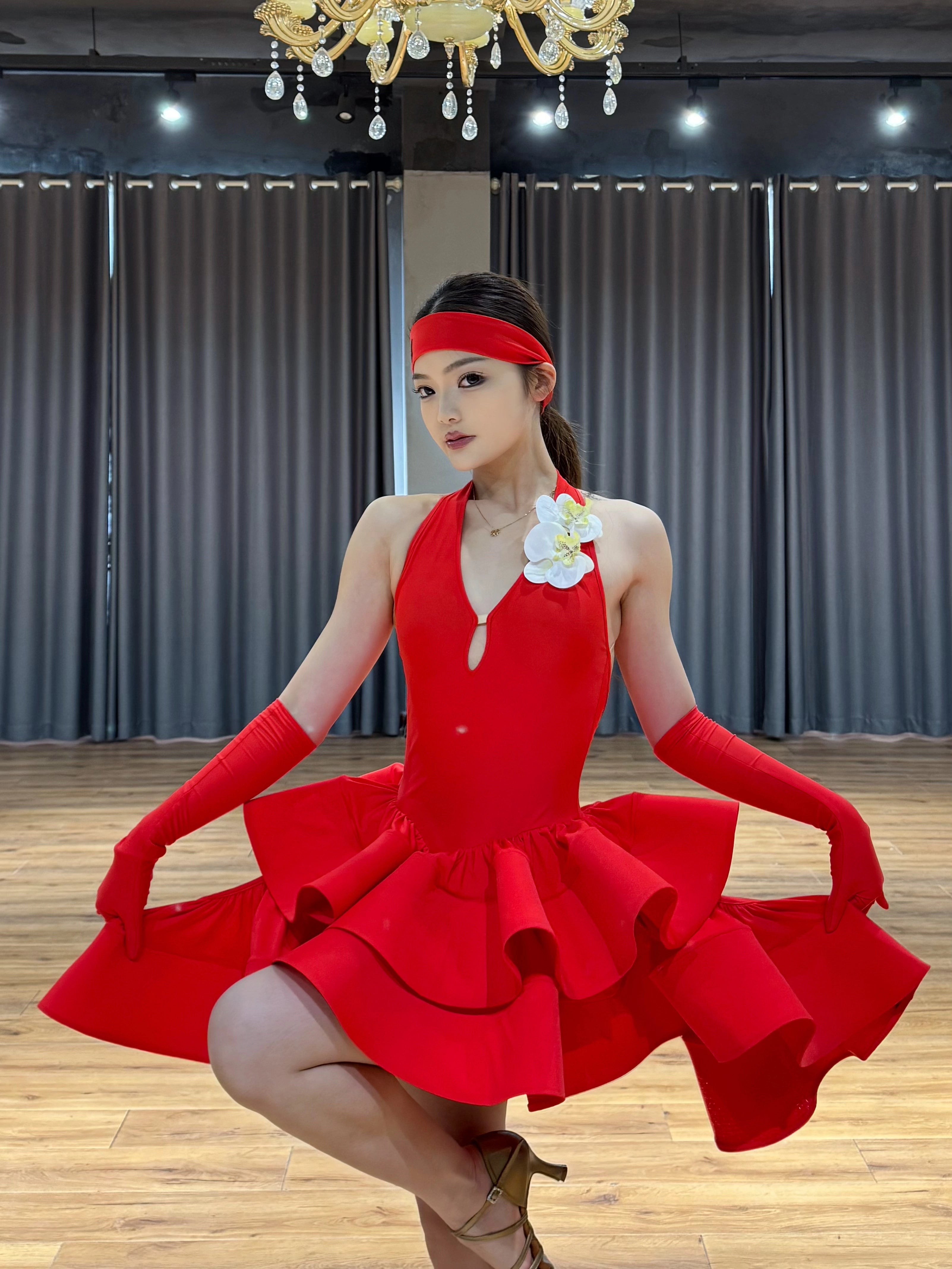 Women Latin Dance Dresses Ruffles Red Royal Blue Flowers Salsa Rumba Chacha Performance Costumes