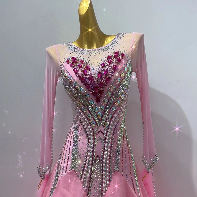 Customized Size Rhinestones Light Pink Competition Ballroom Dance Dresses for Women Girls Waltz Tango Foxtrot Rhythm Smooth Dance Swing Skirt - Moderndancedress.com