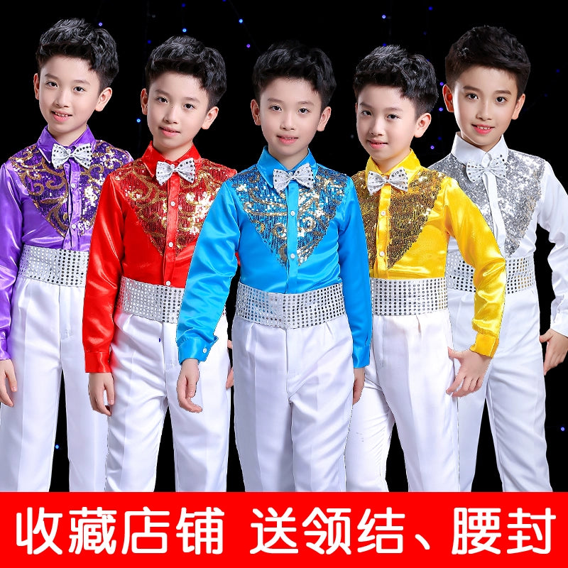 Boys Hip Hop Costume Sequin Shirts White Pants Suit Jazz Costumes Kids Stage Dancing Outfit Children Street Show Wear - Moderndancedress.com