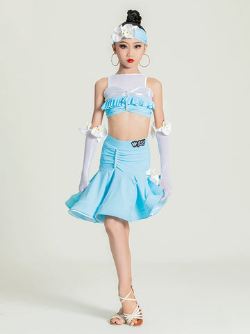 Children's light blue flowers Latin dance dresses kids salsa rumba ballroom regulations competition performance training clothing for girls - Moderndancedress.com