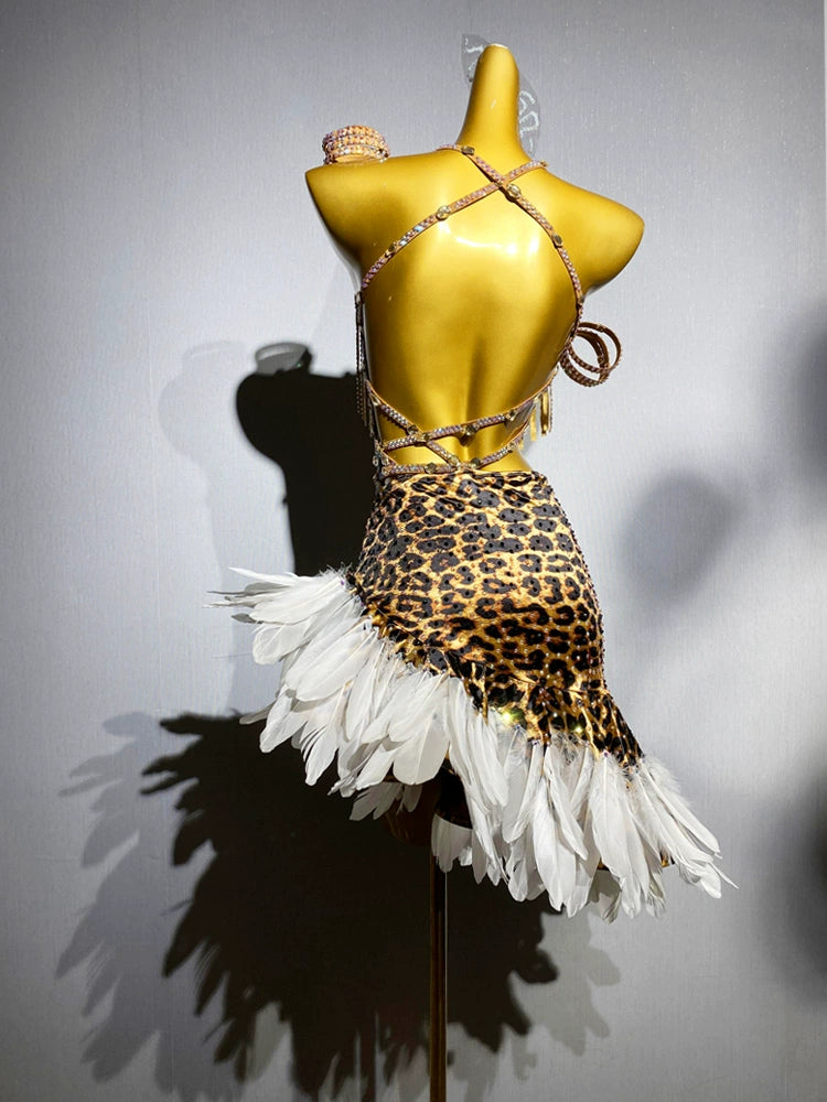 Custom Size Leopard Feather Competition Latin Dance Dresses Salsa Rumba Chacha Performance Costumes