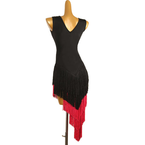 Black red gradient tassels long latin dance dresses for women girls Swallowtail concert Latin salsa rumba ballroom performance skirts - Moderndancedress.com