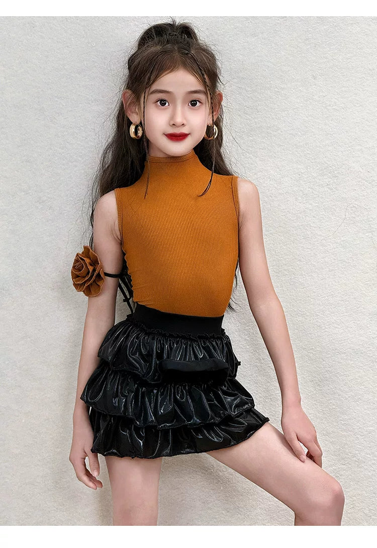 Girls Latin Dance Dress | Kids Mustard Yellow Mock Neck Salsa Chacha Set