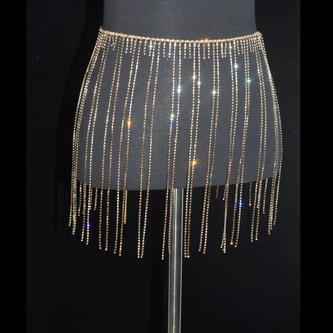 Women girls latin jazz rave dance Rhinestone tassel waist chain hollow bling hot pole dance tassel skirt belly dance body chain belts - Moderndancedress.com