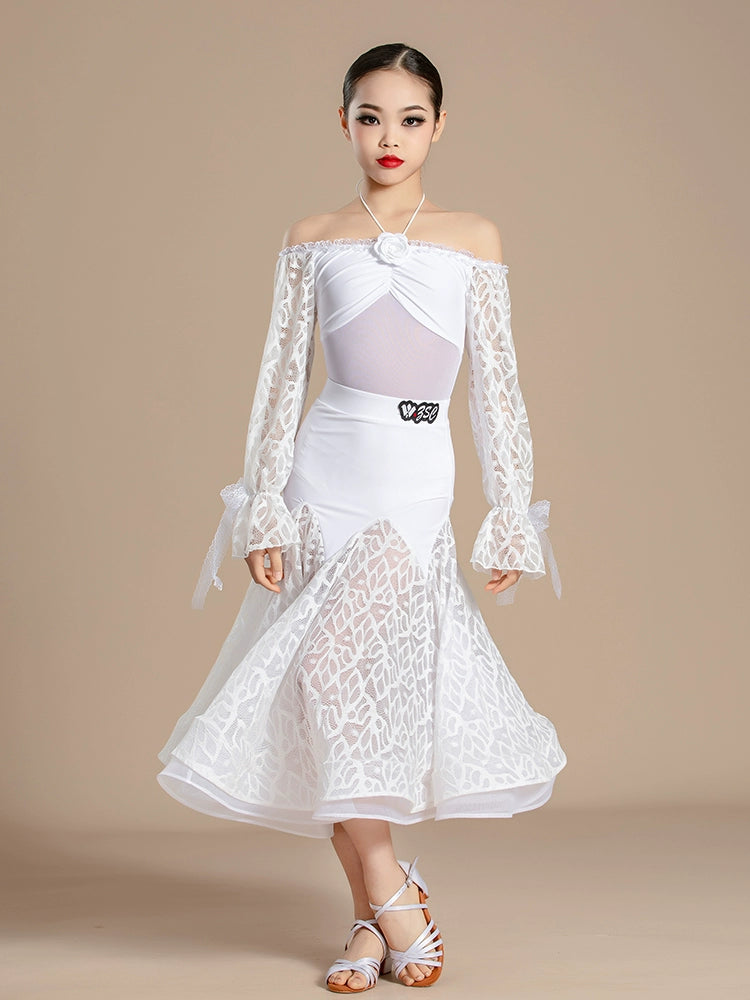 White Lace Competition Modern National Ballroom Dance Dresses for Girls Kids Dew Shoulder Waltz Tango Art Test Performance Costumes - Moderndancedress.com