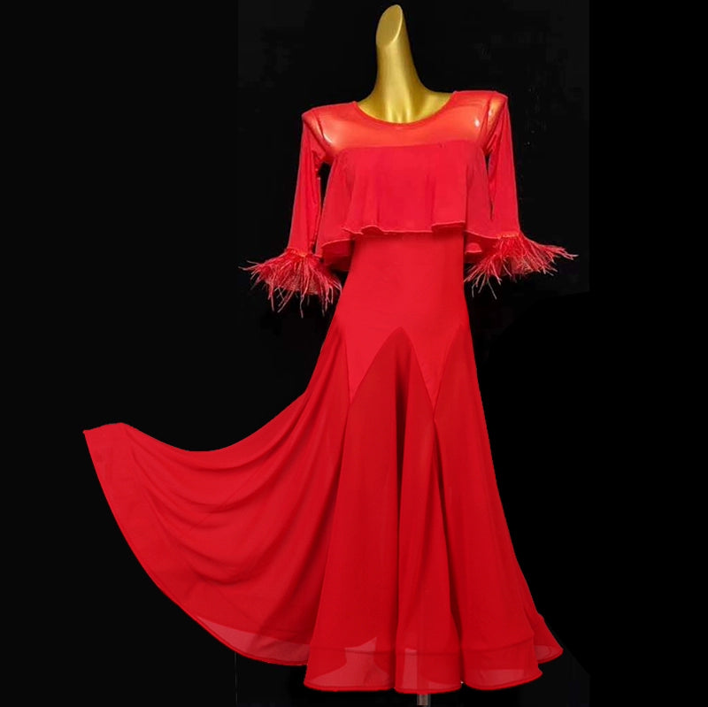 Mid-sleeved Red Feather Ballroom Dance Dresses for Women Girls Royal Blue Waltz Tango Party Competition Ball Gown Swing Skirts - Moderndancedress.com