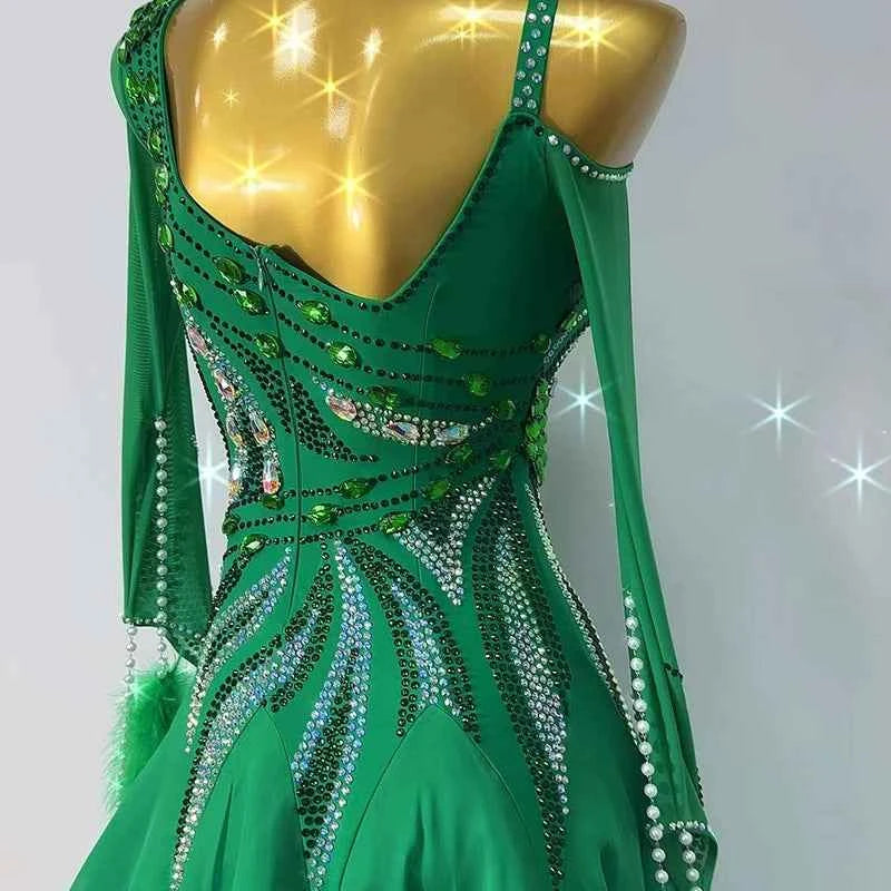 Customized Size Green Ballroom Dance Dresses for Women Girls Rhinestones Waltz Tango Rhythm Dancing Costumes