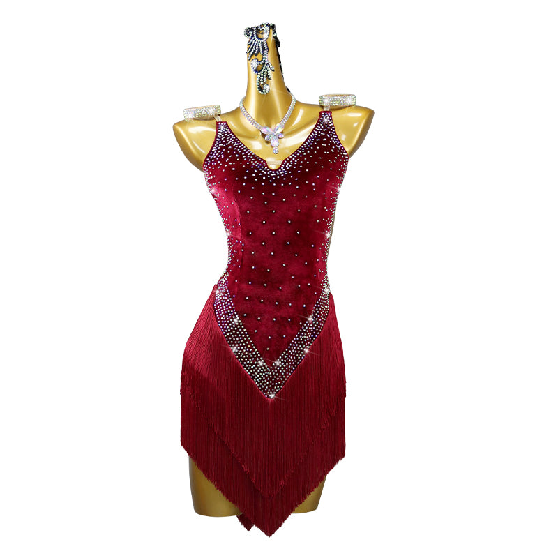 Wine Velvet Competition Latin Dance Dresses for Women Girls Latin Salsa Rumba Chacha Fringe Professional Performance Outfits - Moderndancedress.com