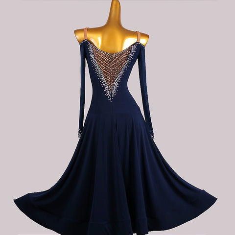 Custom Size Handmade Competition Navy Ballroom Dance Dresses for Women Girls Hollow Shoulder Waltz Tango Foxtrot Smooth Dance Long Gown for Female - Moderndancedress.com