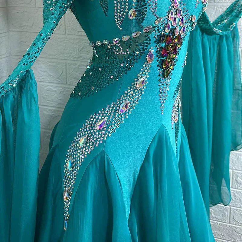 Custom Turquoise Ballroom Dance Dress Waltz Foxtrot Gown with Crystals