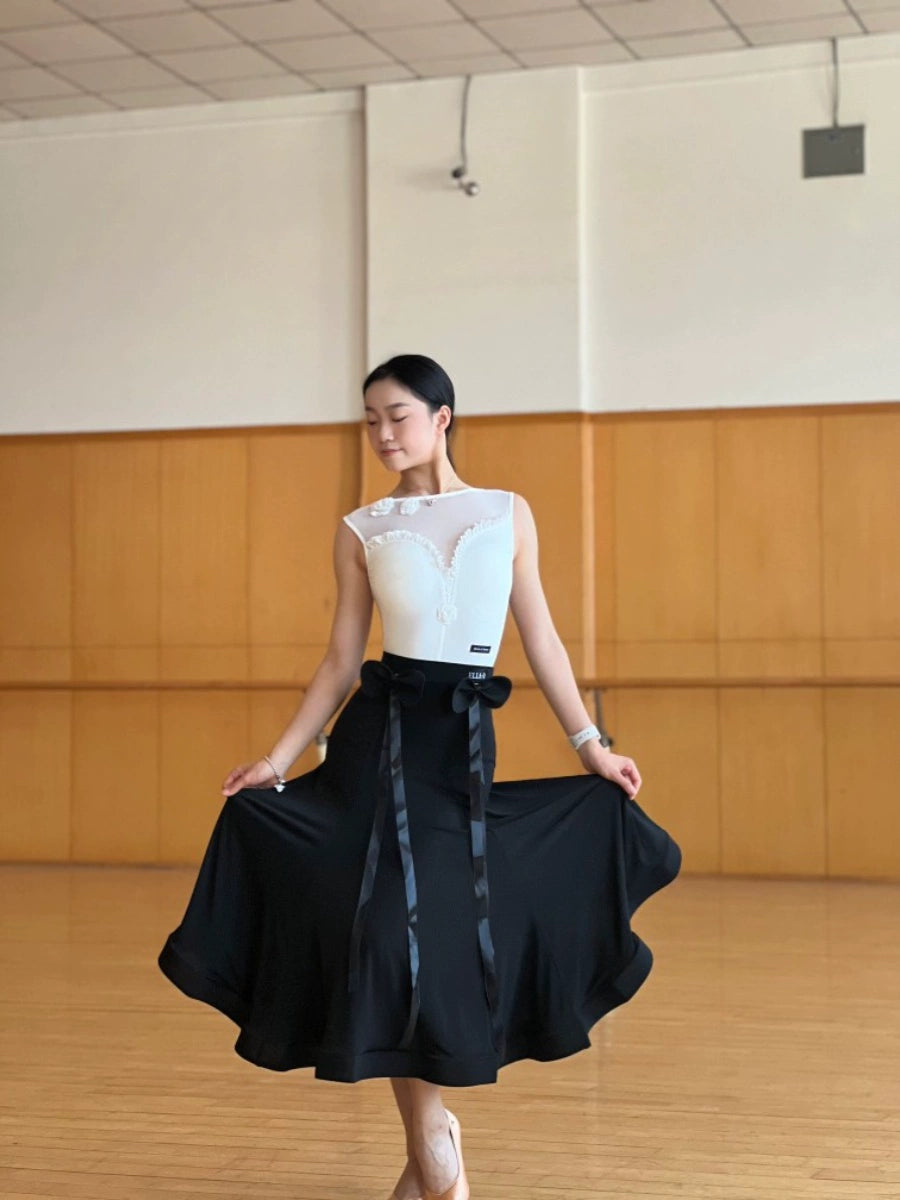 Women Girls Black Red White Ballroom Tango Waltz Dance Dresses Ruffles Sleeveless Lace Jumpsuit Flower Bow Modern Skirt Art Test Performance Costumes - Moderndancedress.com